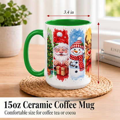 #pl[15oz|Green] Christmas Friends Coffee Mug, Santa Snowman Reindeer Mug, Ceramic Cup