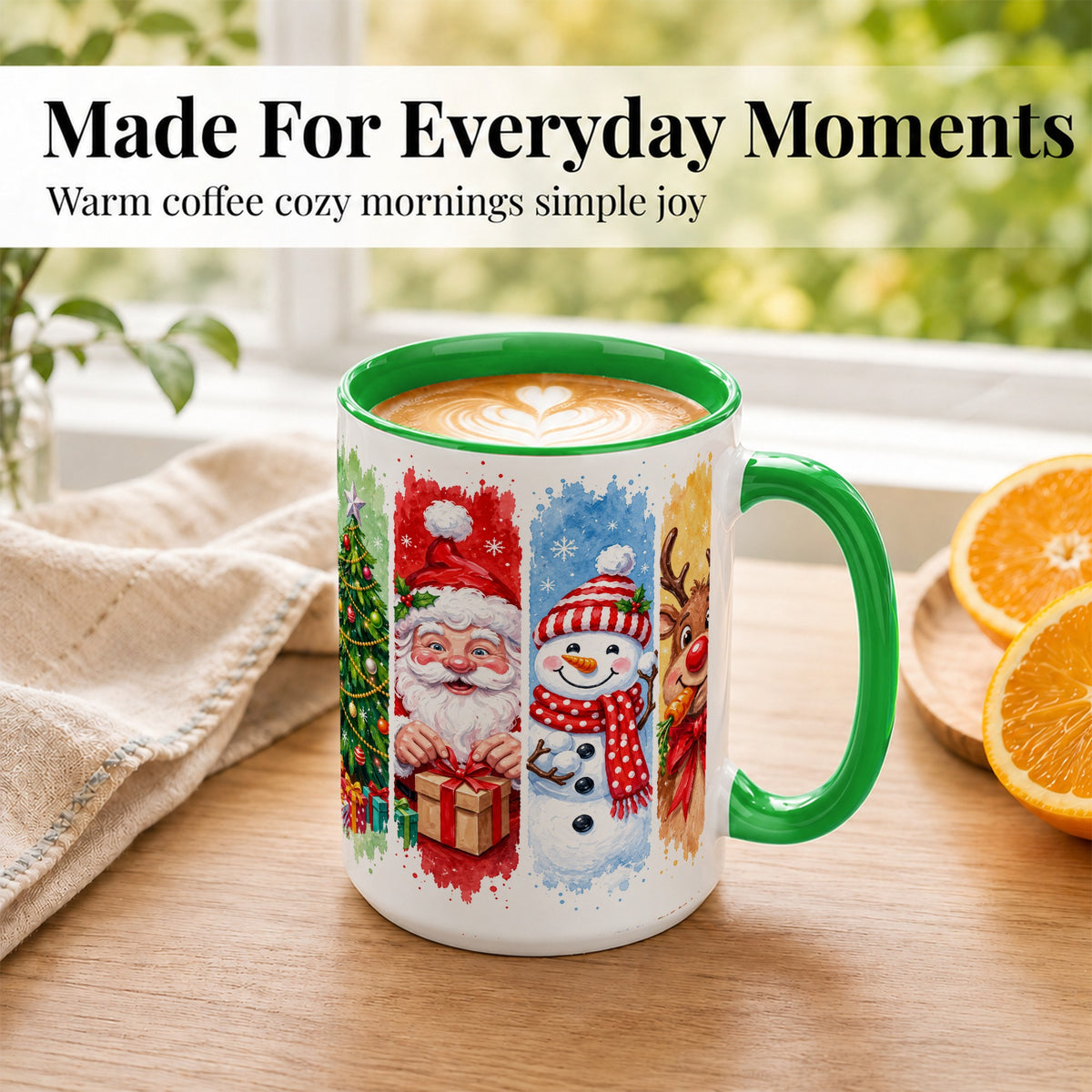 #pl[15oz|Green] Christmas Friends Coffee Mug, Santa Snowman Reindeer Mug, Ceramic Cup