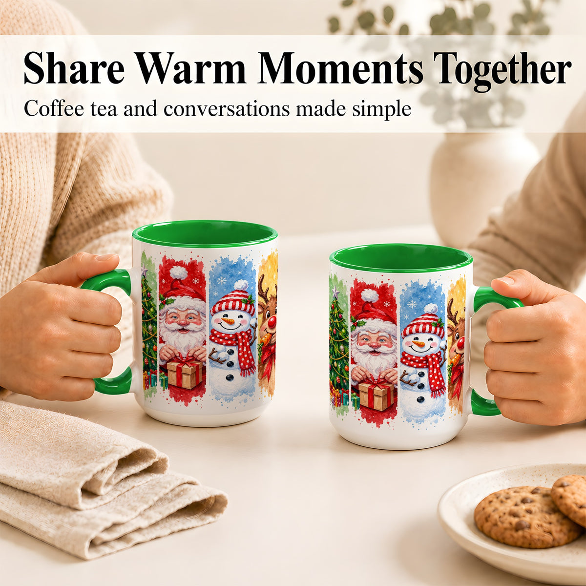 #pl[15oz|Green] Christmas Friends Coffee Mug, Santa Snowman Reindeer Mug, Ceramic Cup