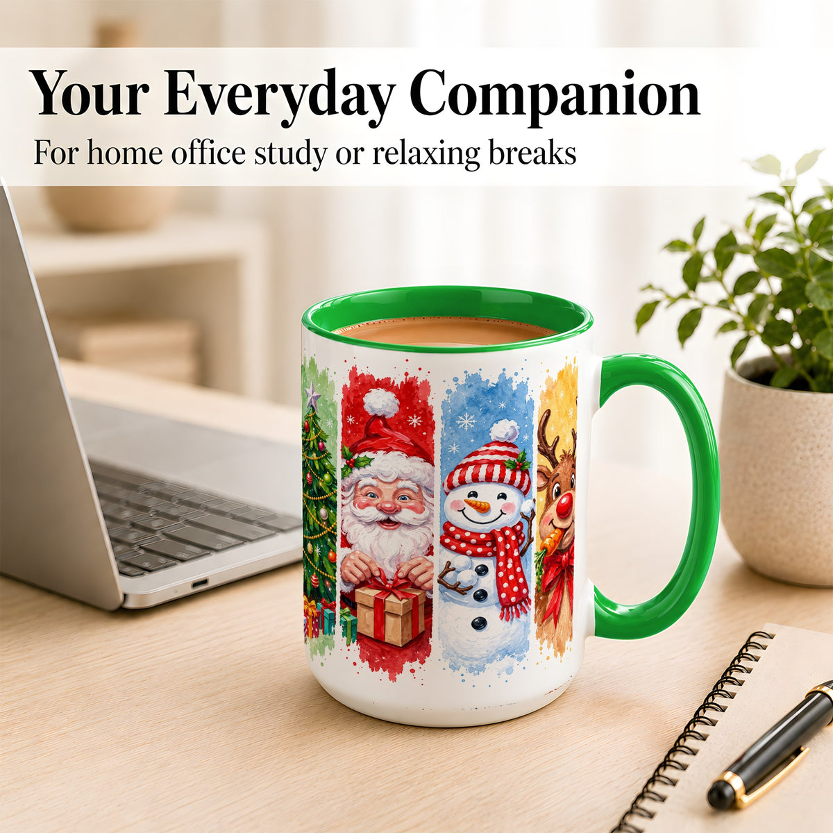 #pl[15oz|Green] Christmas Friends Coffee Mug, Santa Snowman Reindeer Mug, Ceramic Cup