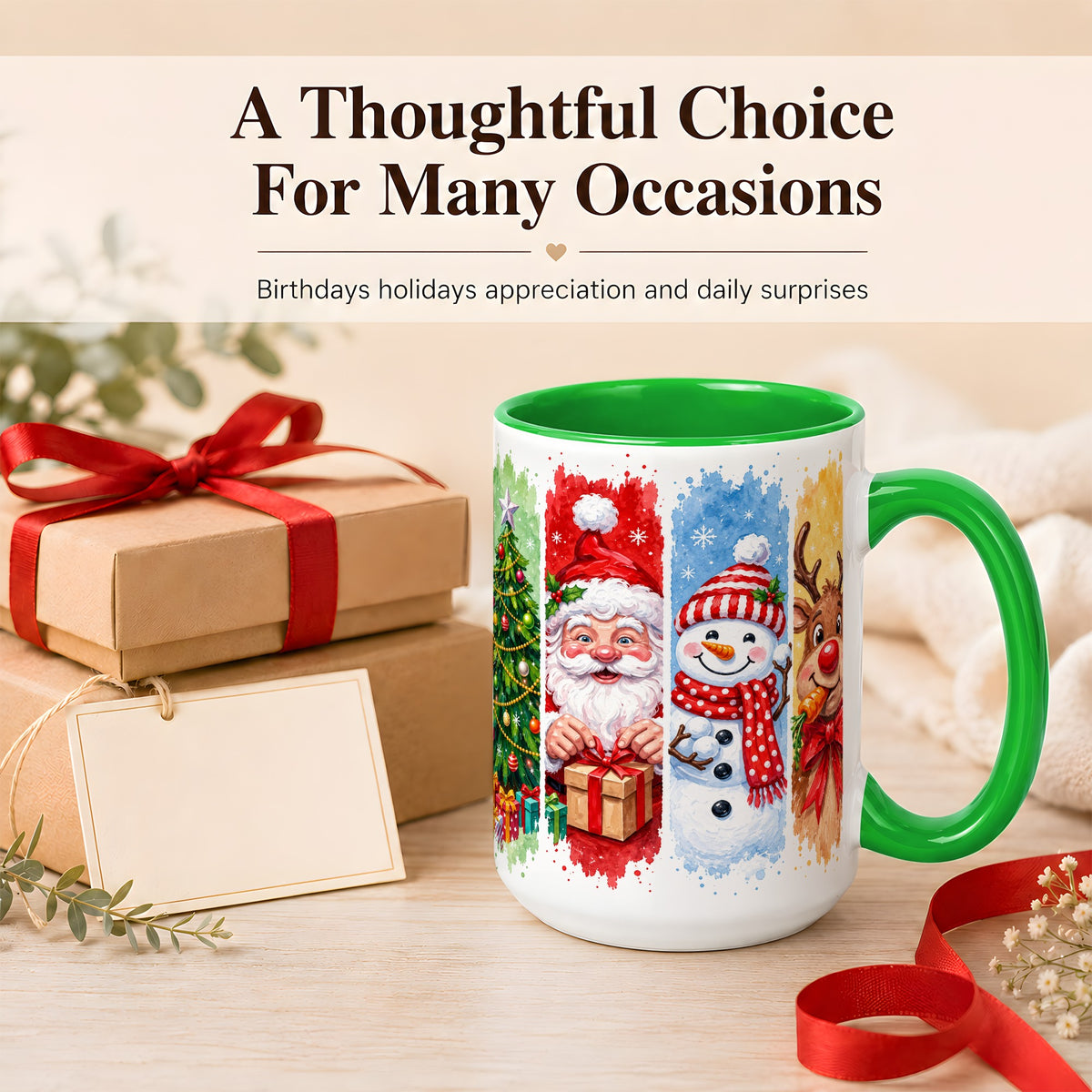 #pl[15oz|Green] Christmas Friends Coffee Mug, Santa Snowman Reindeer Mug, Ceramic Cup