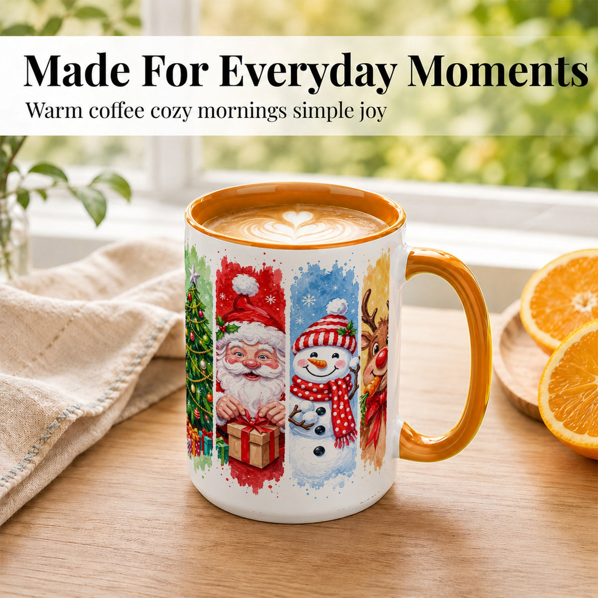 #pl[15oz|Orange] Christmas Friends Coffee Mug, Santa Snowman Reindeer Mug, Ceramic Cup