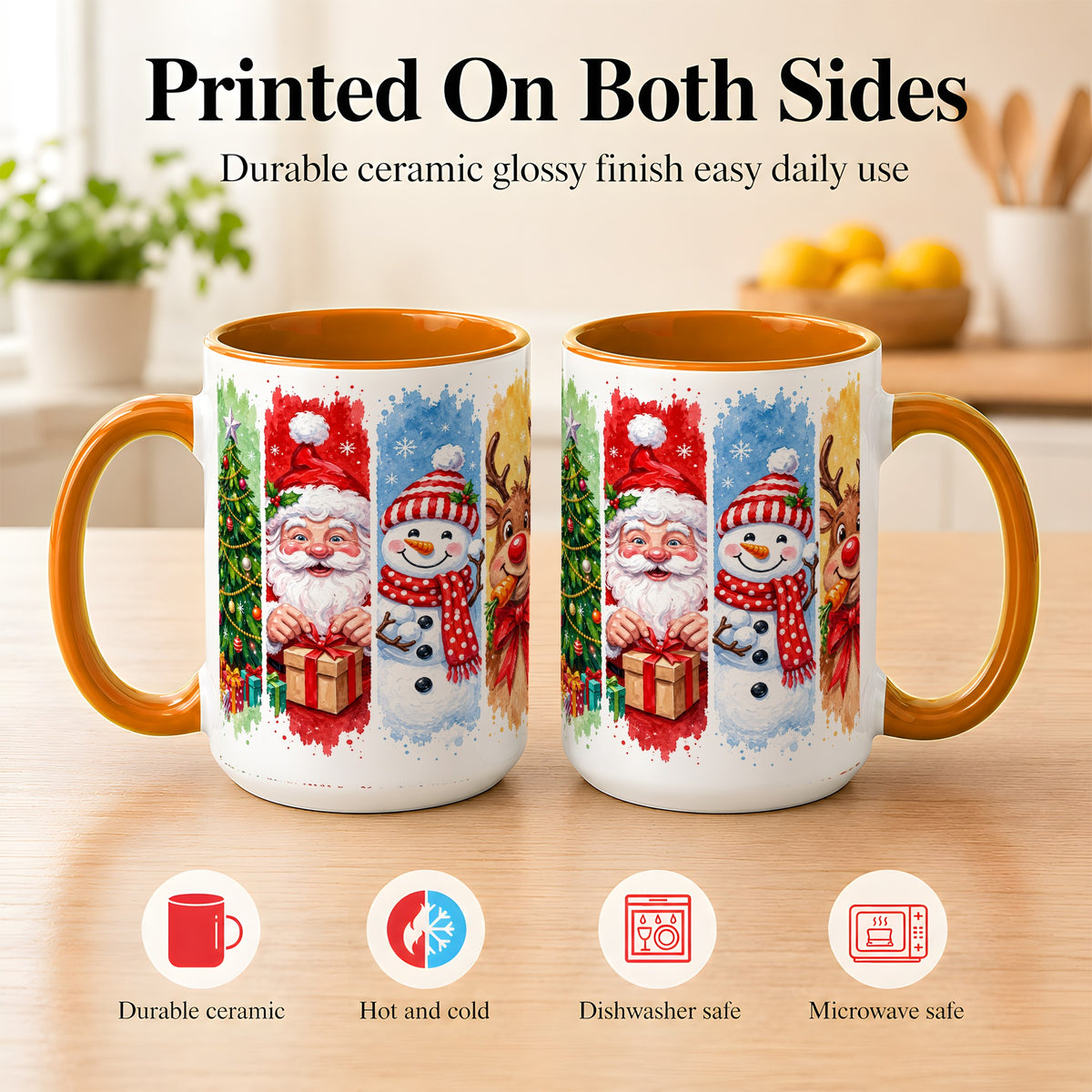 #pl[15oz|Orange] Christmas Friends Coffee Mug, Santa Snowman Reindeer Mug, Ceramic Cup