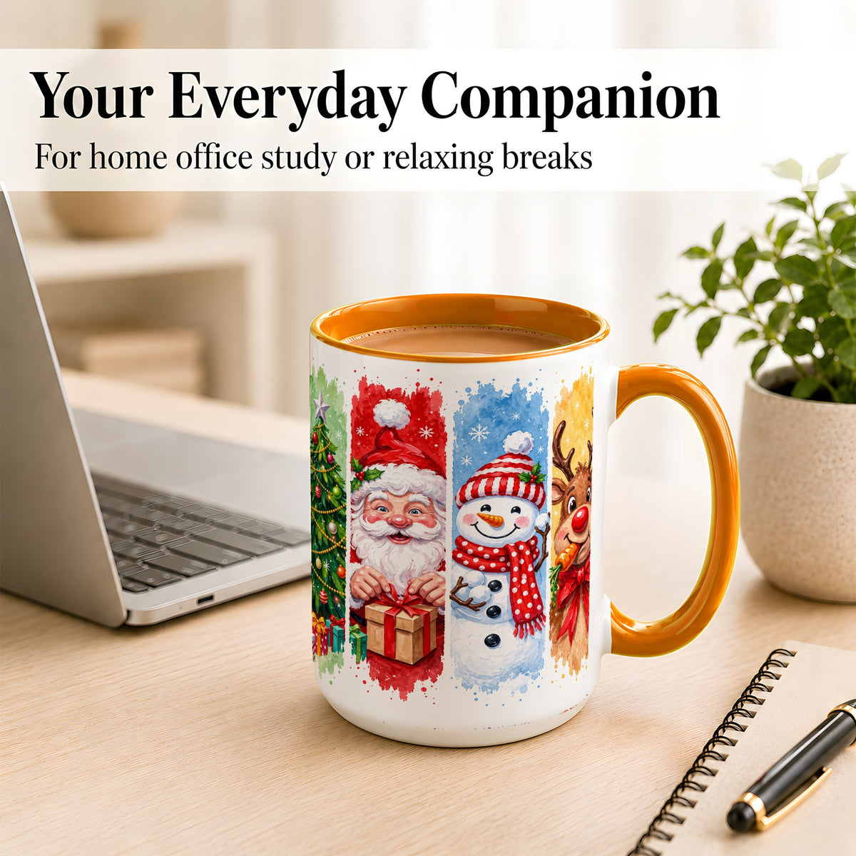 #pl[15oz|Orange] Christmas Friends Coffee Mug, Santa Snowman Reindeer Mug, Ceramic Cup