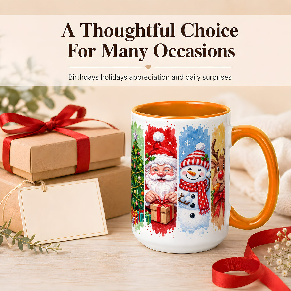 #pl[15oz|Orange] Christmas Friends Coffee Mug, Santa Snowman Reindeer Mug, Ceramic Cup
