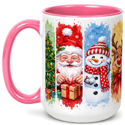#pl[15oz|Pink] Christmas Friends Coffee Mug, Santa Snowman Reindeer Mug, Ceramic Cup