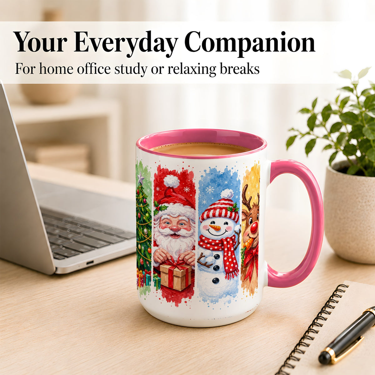 #pl[15oz|Pink] Christmas Friends Coffee Mug, Santa Snowman Reindeer Mug, Ceramic Cup