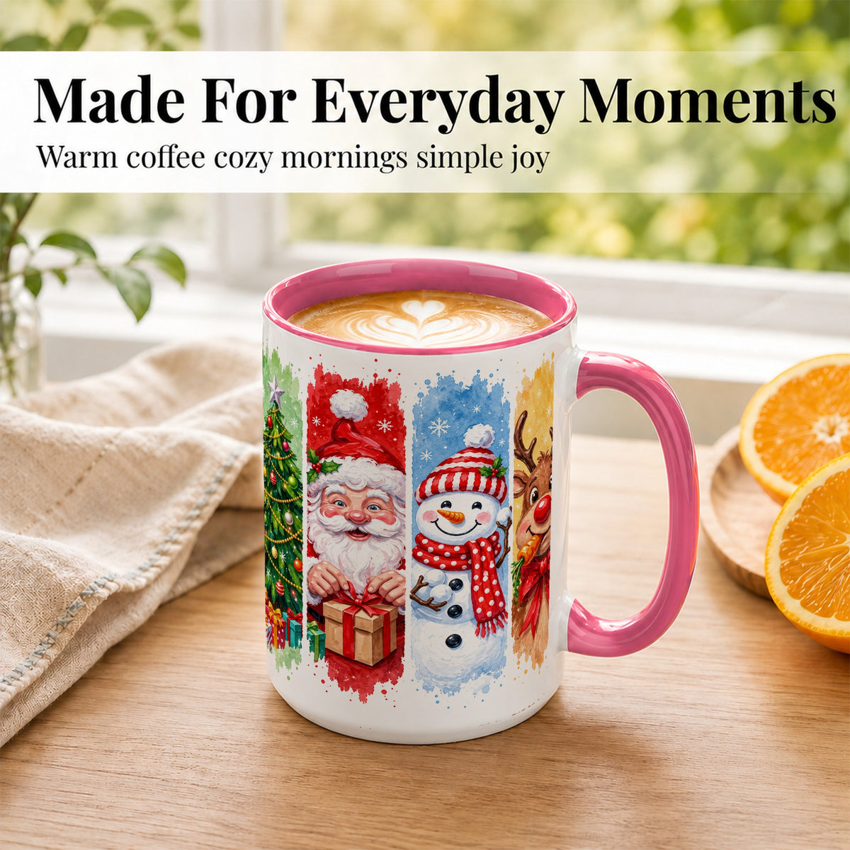 #pl[15oz|Pink] Christmas Friends Coffee Mug, Santa Snowman Reindeer Mug, Ceramic Cup
