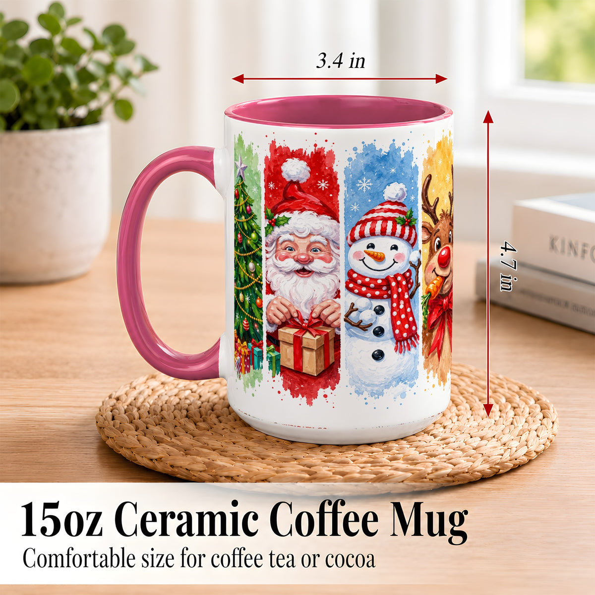 #pl[15oz|Pink] Christmas Friends Coffee Mug, Santa Snowman Reindeer Mug, Ceramic Cup