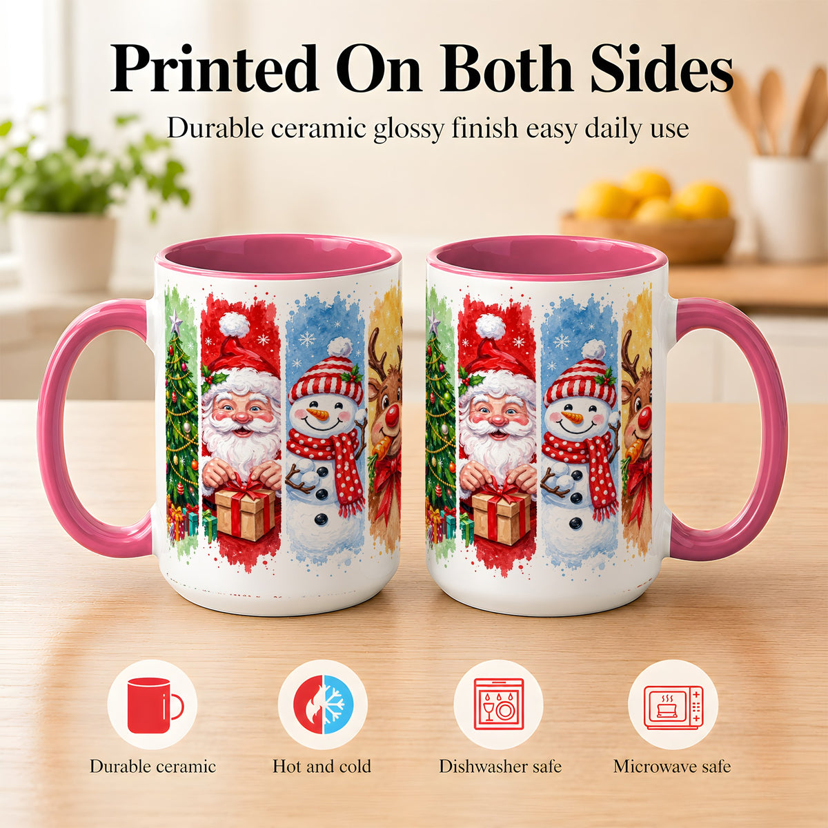 #pl[15oz|Pink] Christmas Friends Coffee Mug, Santa Snowman Reindeer Mug, Ceramic Cup