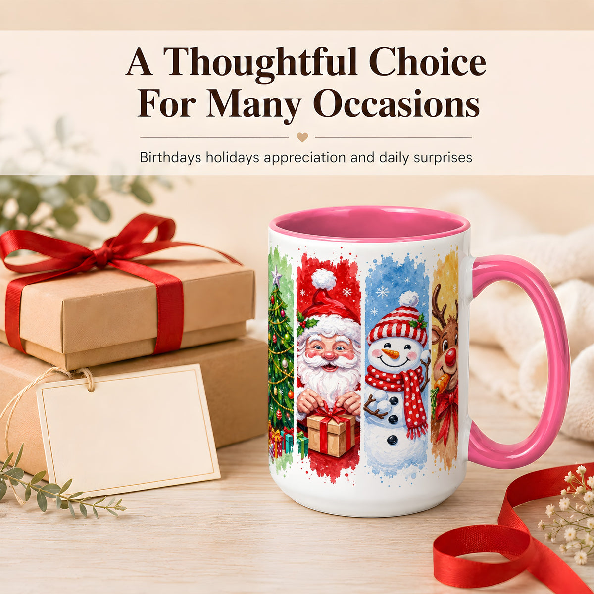 #pl[15oz|Pink] Christmas Friends Coffee Mug, Santa Snowman Reindeer Mug, Ceramic Cup