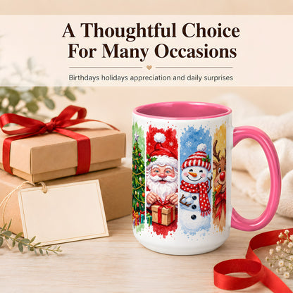 #pl[15oz|Pink] Christmas Friends Coffee Mug, Santa Snowman Reindeer Mug, Ceramic Cup