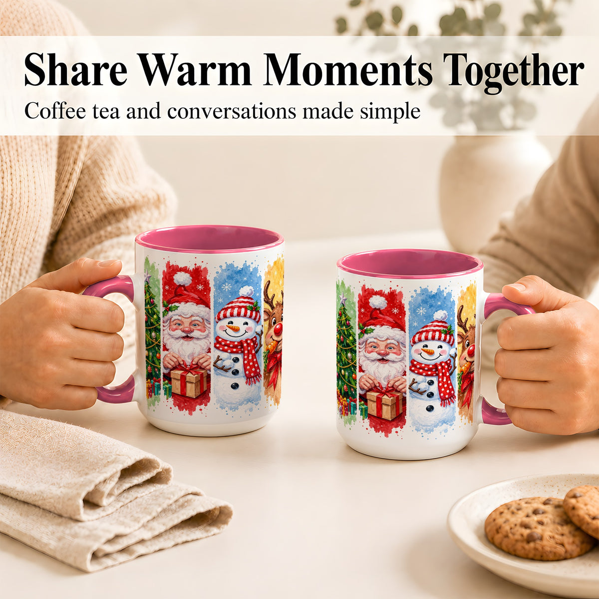 #pl[15oz|Pink] Christmas Friends Coffee Mug, Santa Snowman Reindeer Mug, Ceramic Cup