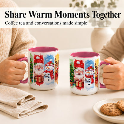 #pl[15oz|Pink] Christmas Friends Coffee Mug, Santa Snowman Reindeer Mug, Ceramic Cup