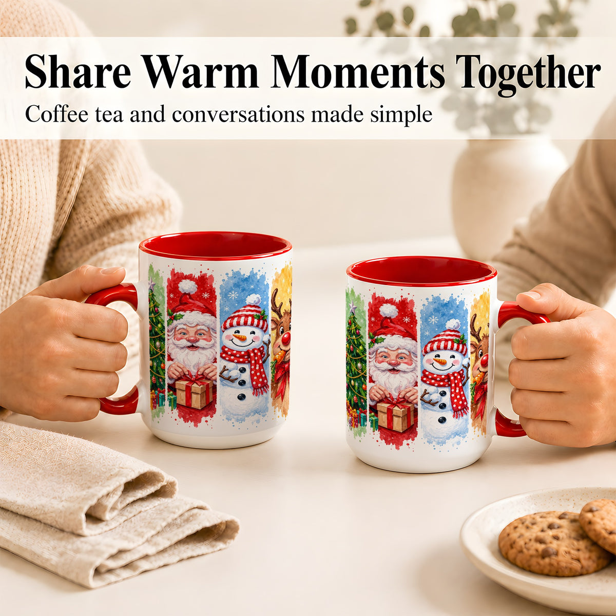 #pl[15oz|Red] Christmas Friends Coffee Mug, Santa Snowman Reindeer Mug, Ceramic Cup