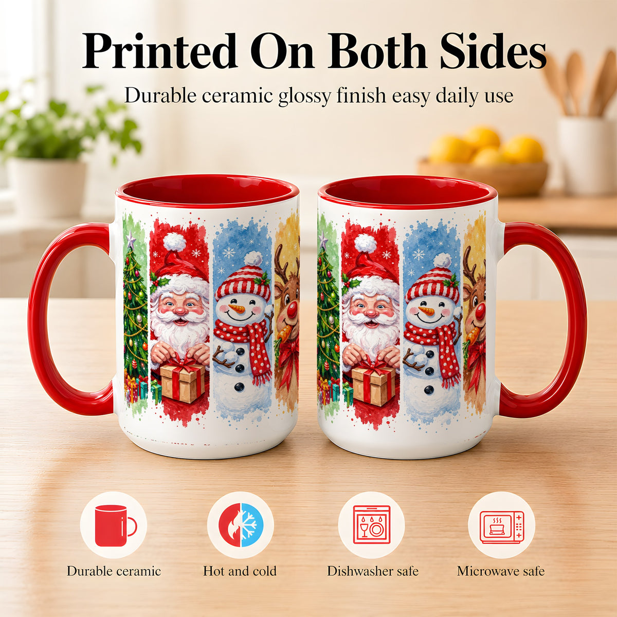 #pl[15oz|Red] Christmas Friends Coffee Mug, Santa Snowman Reindeer Mug, Ceramic Cup