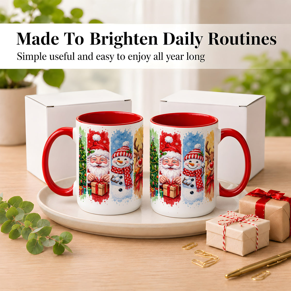 #pl[15oz|Red] Christmas Friends Coffee Mug, Santa Snowman Reindeer Mug, Ceramic Cup