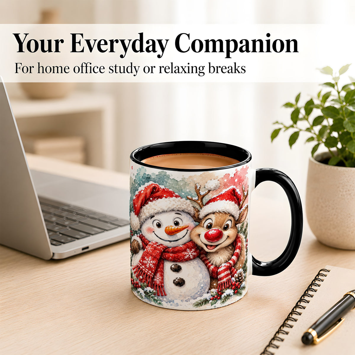 #pl[11oz|Black] Snowman Reindeer Coffee Mug, Christmas Friends Mug, Ceramic Cup
