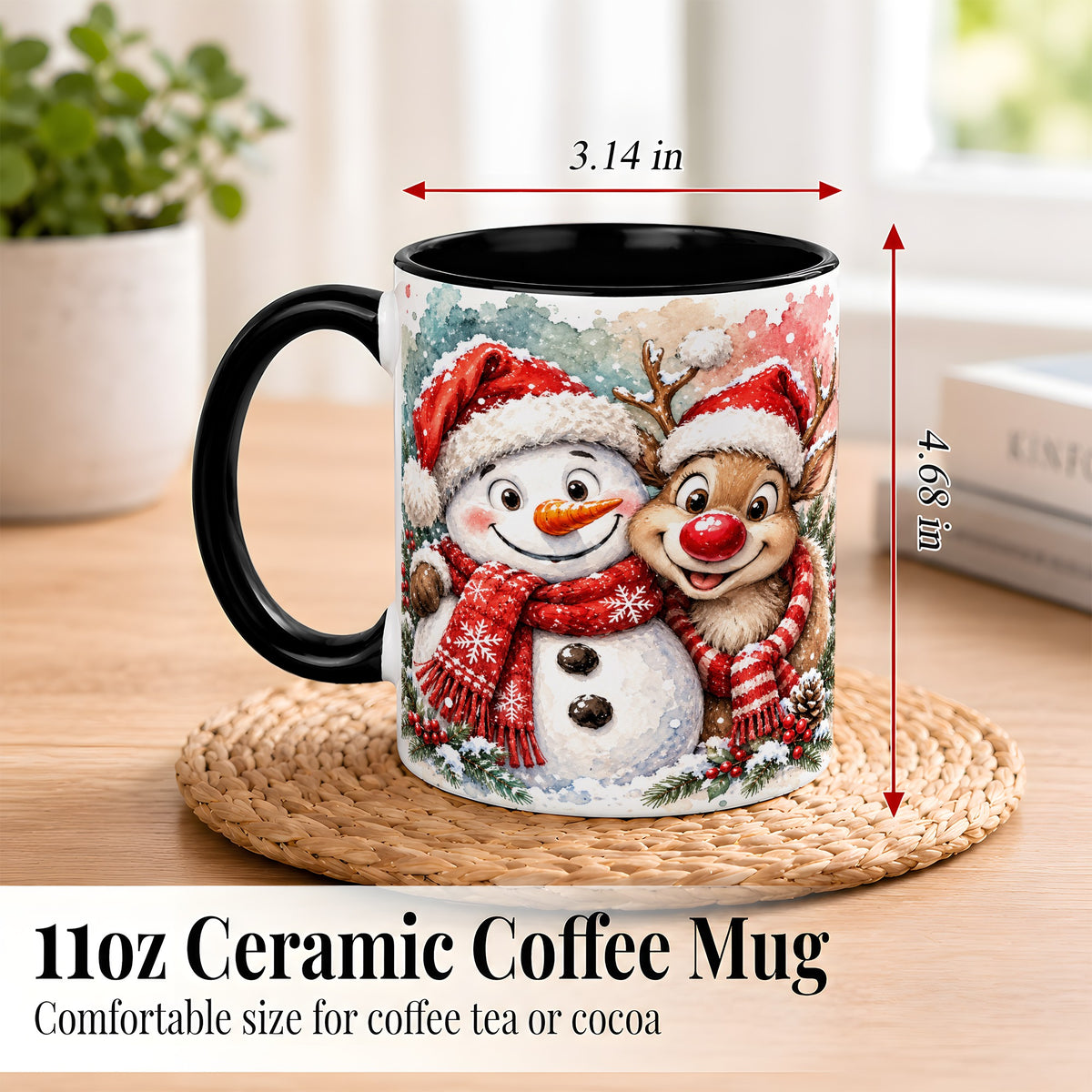 #pl[11oz|Black] Snowman Reindeer Coffee Mug, Christmas Friends Mug, Ceramic Cup