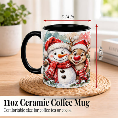 #pl[11oz|Black] Snowman Reindeer Coffee Mug, Christmas Friends Mug, Ceramic Cup
