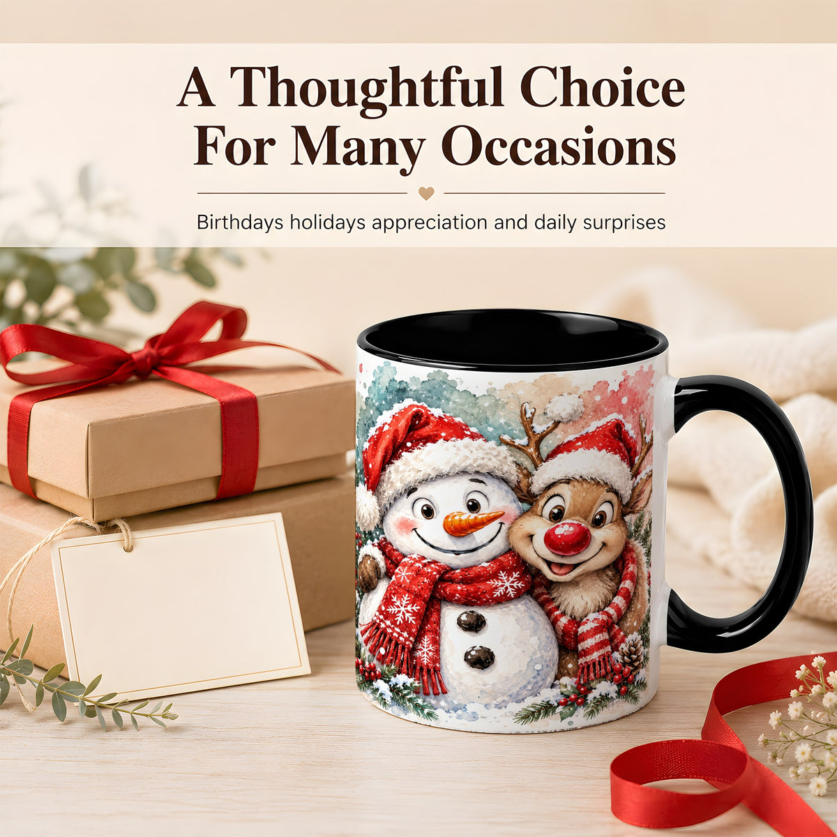 #pl[11oz|Black] Snowman Reindeer Coffee Mug, Christmas Friends Mug, Ceramic Cup