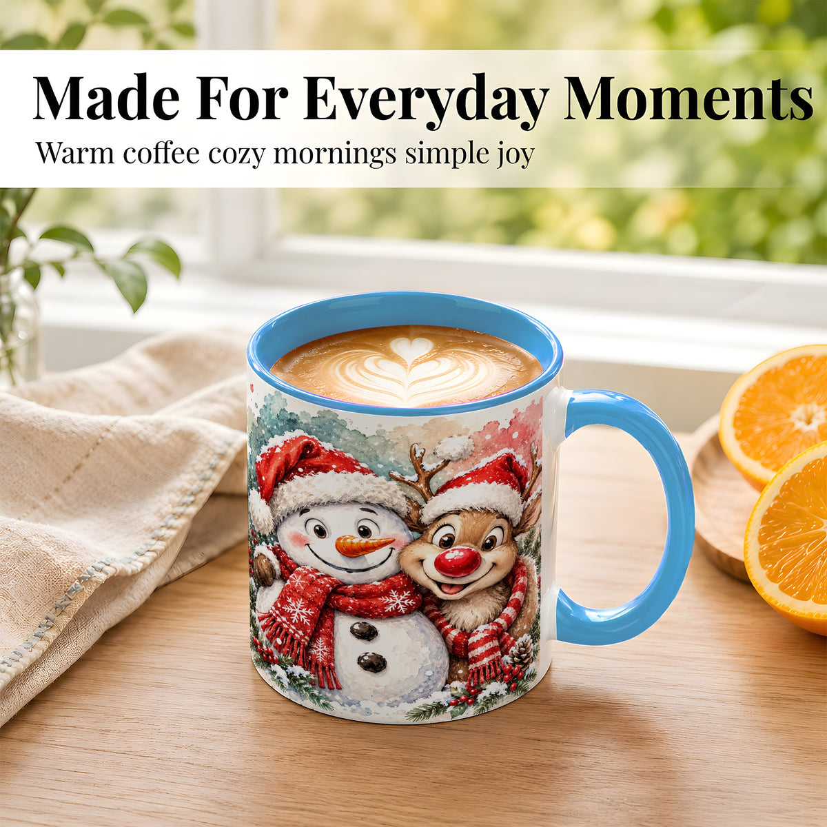 #pl[11oz|Blue] Snowman Reindeer Coffee Mug, Christmas Friends Mug, Ceramic Cup
