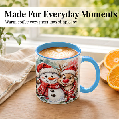 #pl[11oz|Blue] Snowman Reindeer Coffee Mug, Christmas Friends Mug, Ceramic Cup
