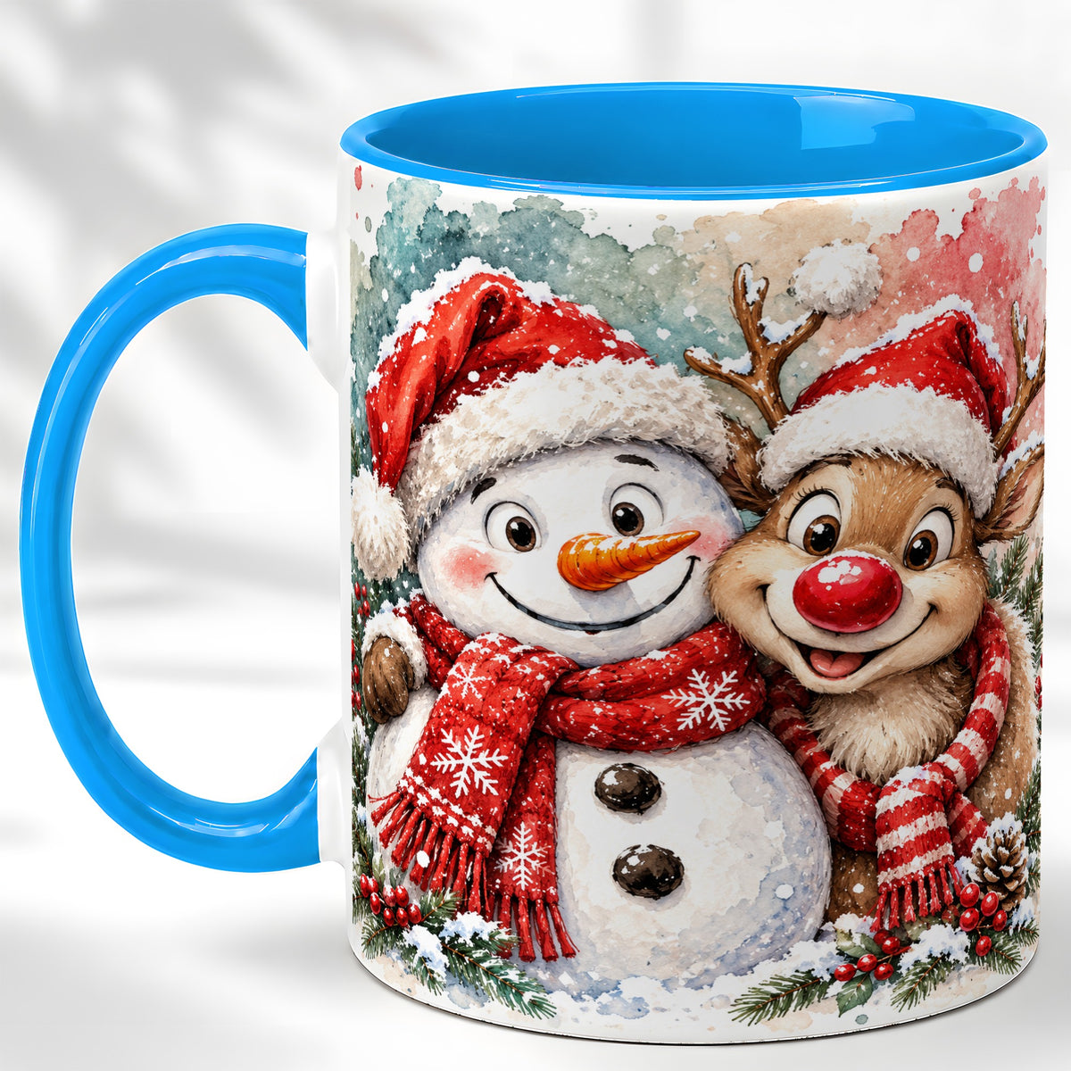 #pl[11oz|Blue] Snowman Reindeer Coffee Mug, Christmas Friends Mug, Ceramic Cup