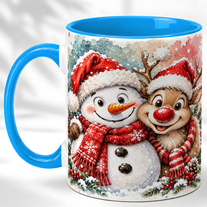 #pl[11oz|Blue] Snowman Reindeer Coffee Mug, Christmas Friends Mug, Ceramic Cup