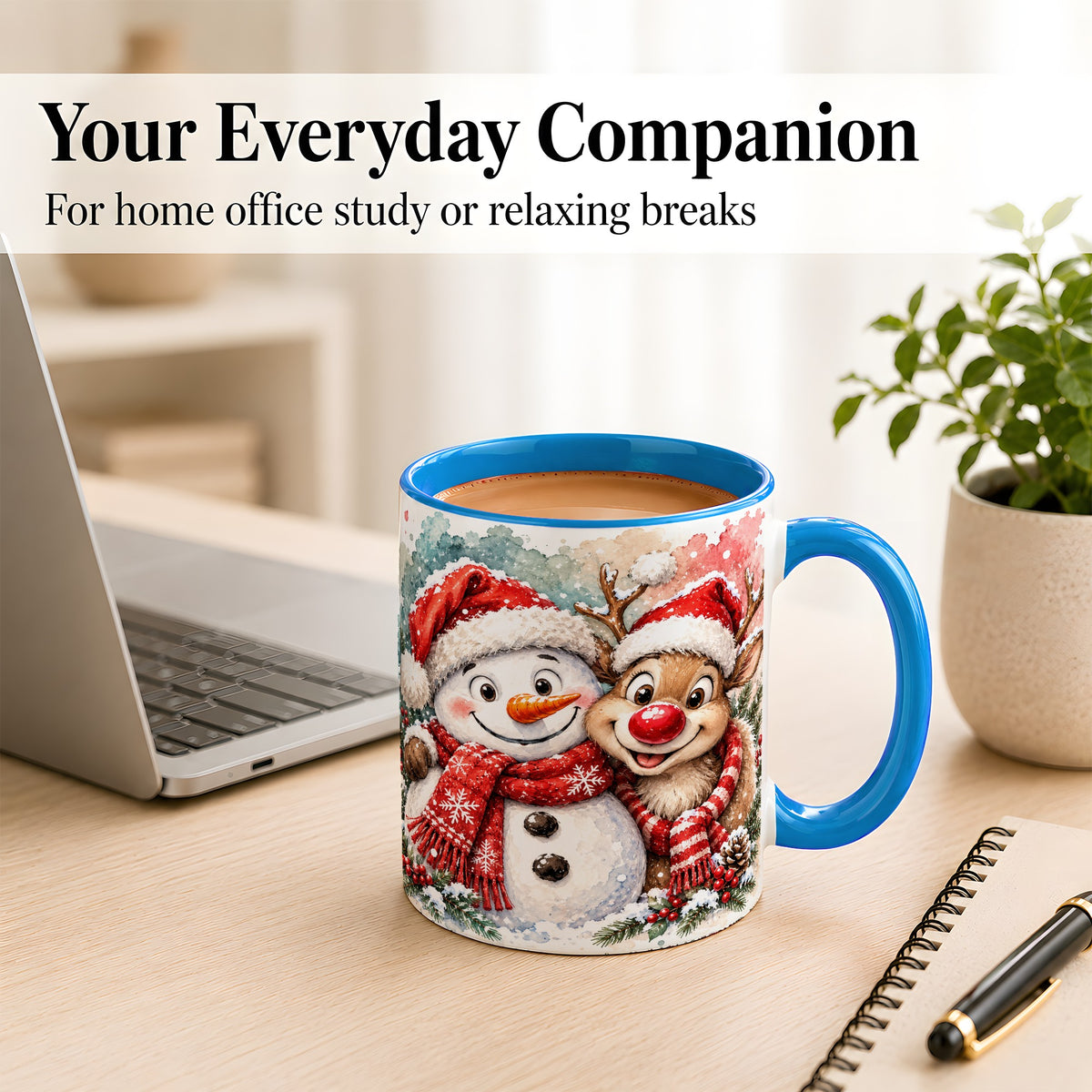 #pl[11oz|Blue] Snowman Reindeer Coffee Mug, Christmas Friends Mug, Ceramic Cup