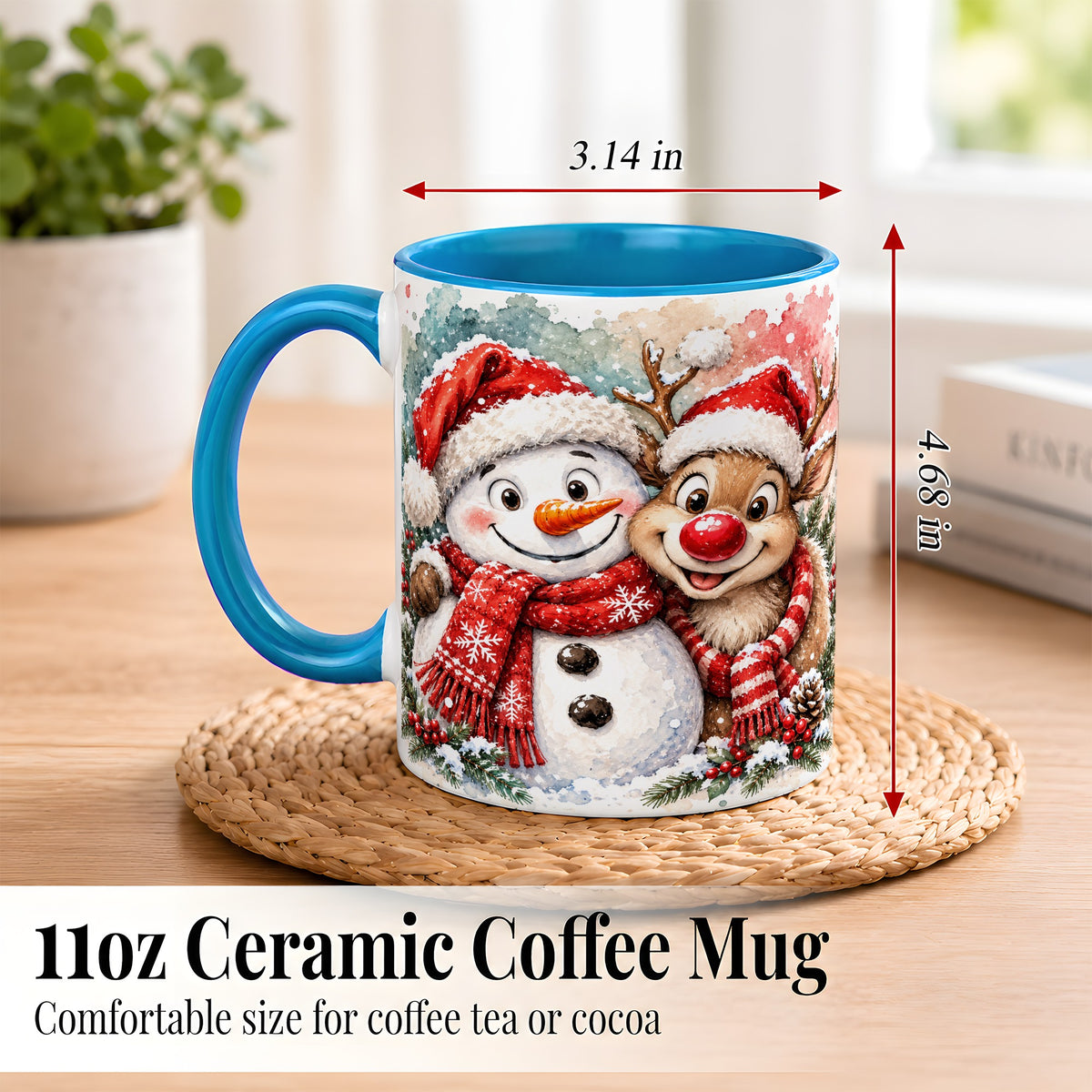 #pl[11oz|Blue] Snowman Reindeer Coffee Mug, Christmas Friends Mug, Ceramic Cup