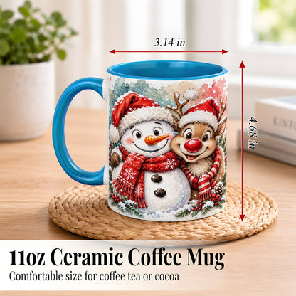 #pl[11oz|Blue] Snowman Reindeer Coffee Mug, Christmas Friends Mug, Ceramic Cup