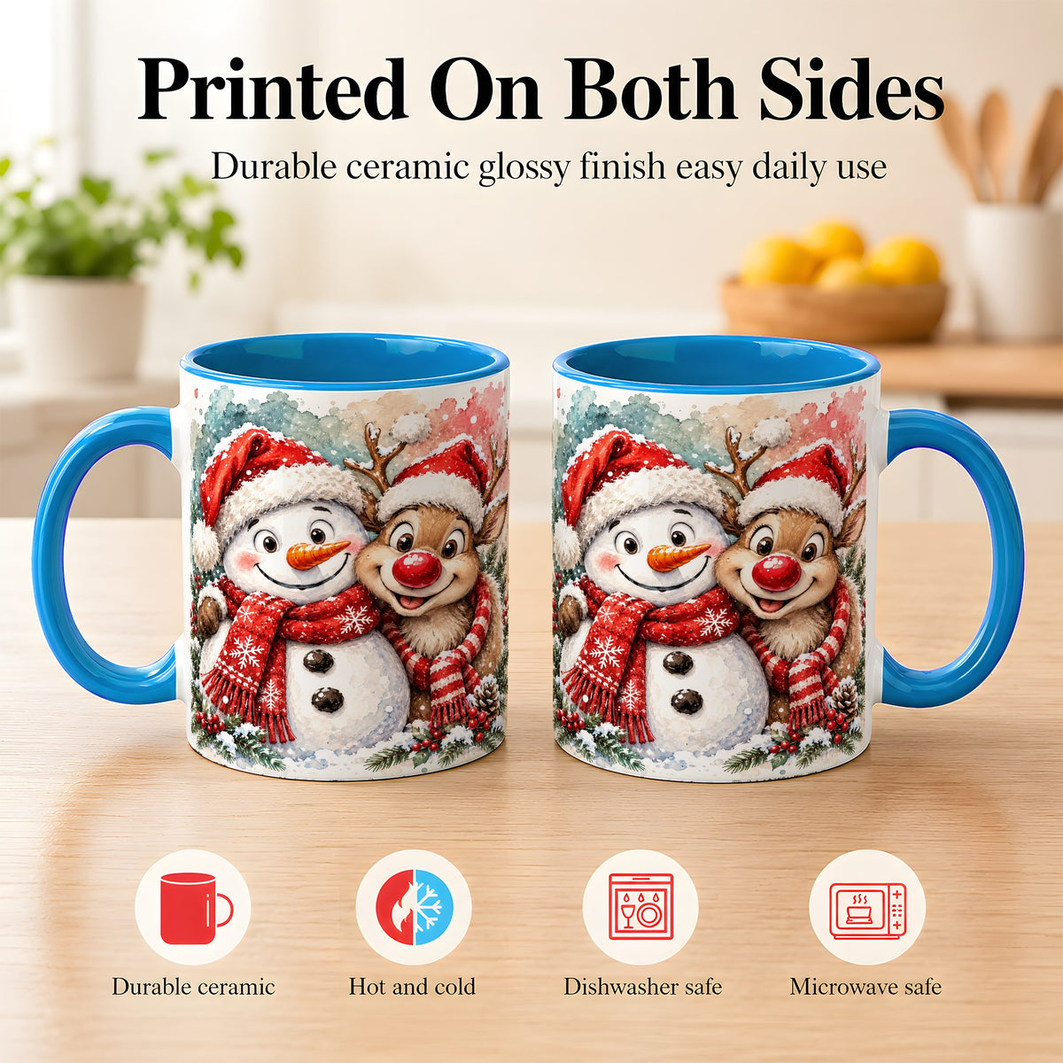 #pl[11oz|Blue] Snowman Reindeer Coffee Mug, Christmas Friends Mug, Ceramic Cup