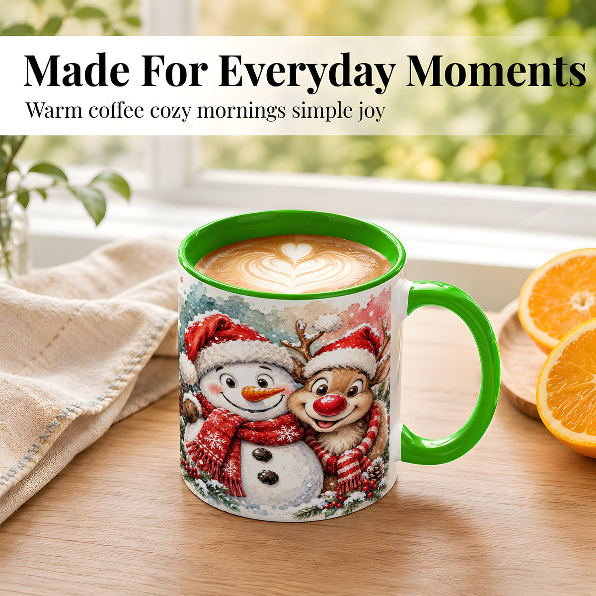 #pl[11oz|Green] Snowman Reindeer Coffee Mug, Christmas Friends Mug, Ceramic Cup