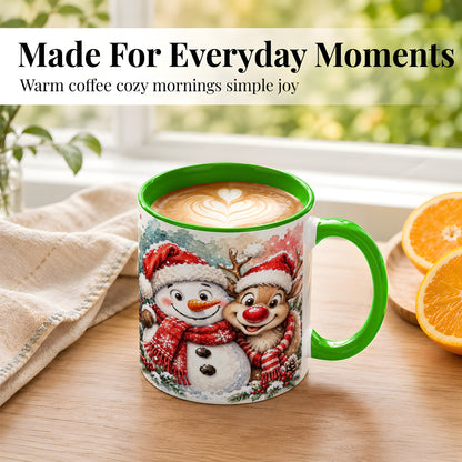 #pl[11oz|Green] Snowman Reindeer Coffee Mug, Christmas Friends Mug, Ceramic Cup