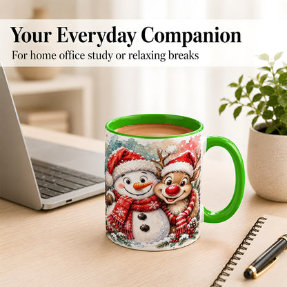 #pl[11oz|Green] Snowman Reindeer Coffee Mug, Christmas Friends Mug, Ceramic Cup