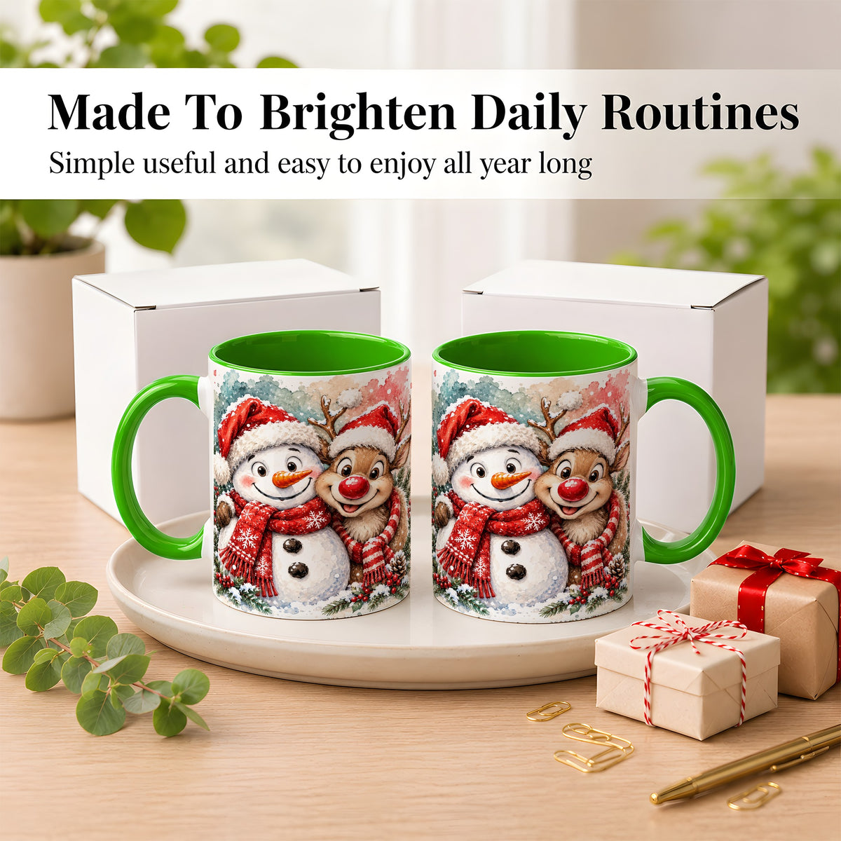 #pl[11oz|Green] Snowman Reindeer Coffee Mug, Christmas Friends Mug, Ceramic Cup