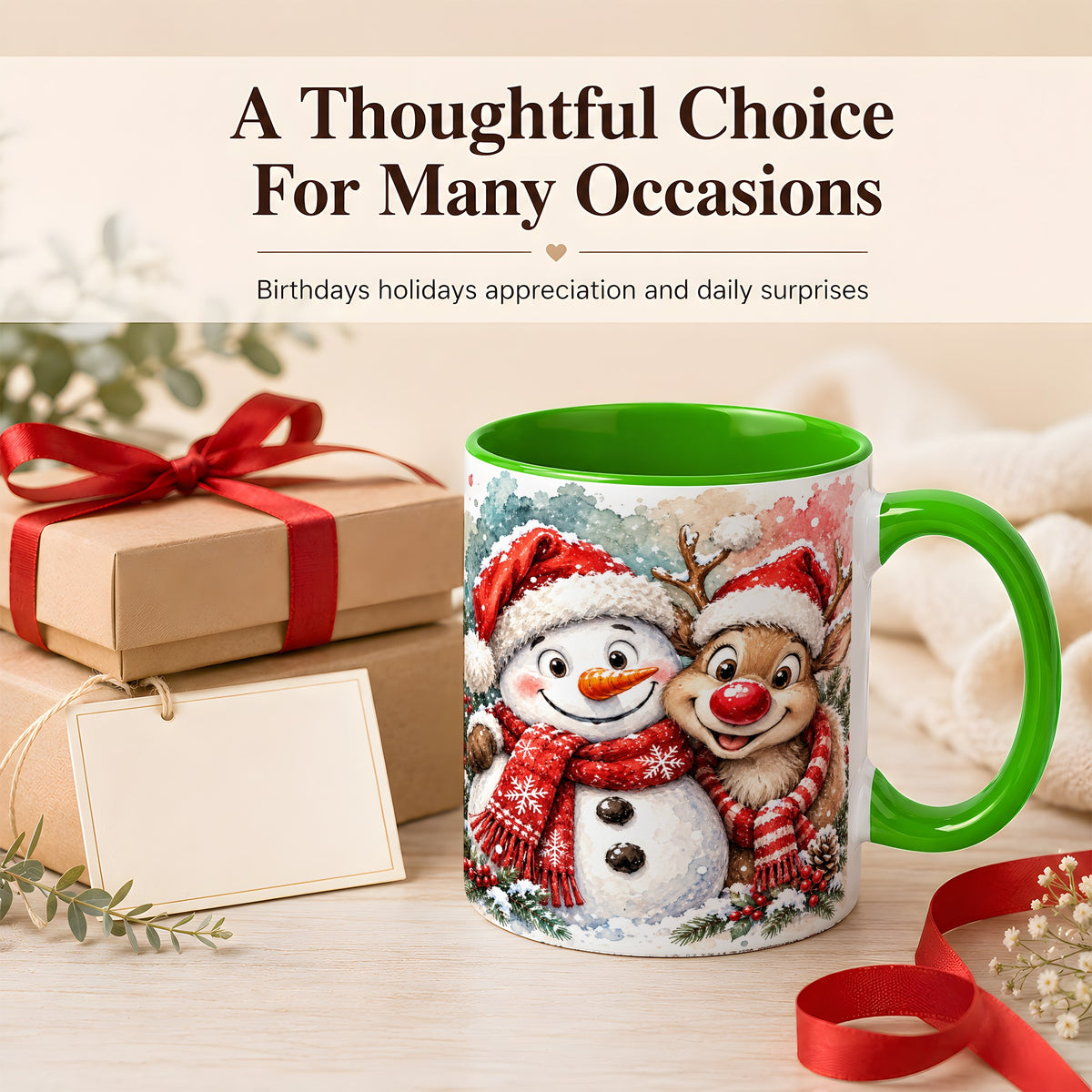 #pl[11oz|Green] Snowman Reindeer Coffee Mug, Christmas Friends Mug, Ceramic Cup
