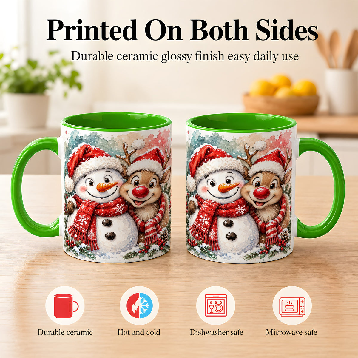 #pl[11oz|Green] Snowman Reindeer Coffee Mug, Christmas Friends Mug, Ceramic Cup
