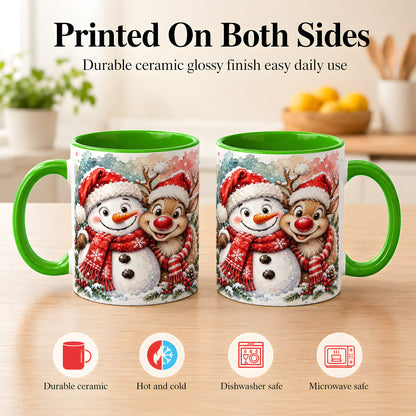 #pl[11oz|Green] Snowman Reindeer Coffee Mug, Christmas Friends Mug, Ceramic Cup