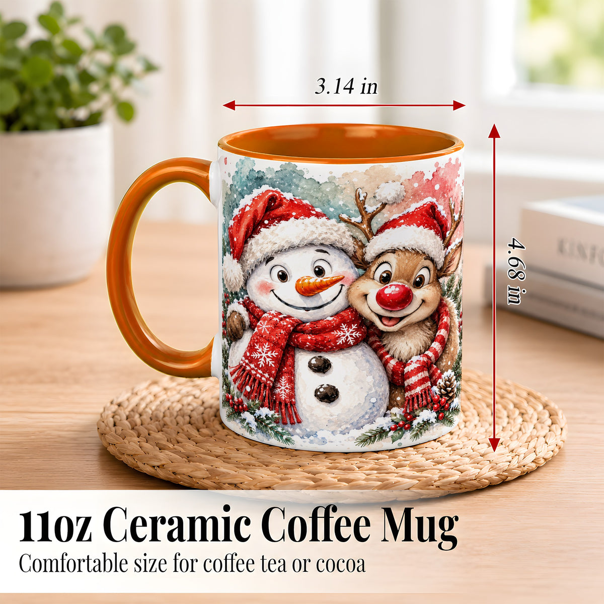 #pl[11oz|Orange] Snowman Reindeer Coffee Mug, Christmas Friends Mug, Ceramic Cup