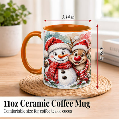 #pl[11oz|Orange] Snowman Reindeer Coffee Mug, Christmas Friends Mug, Ceramic Cup