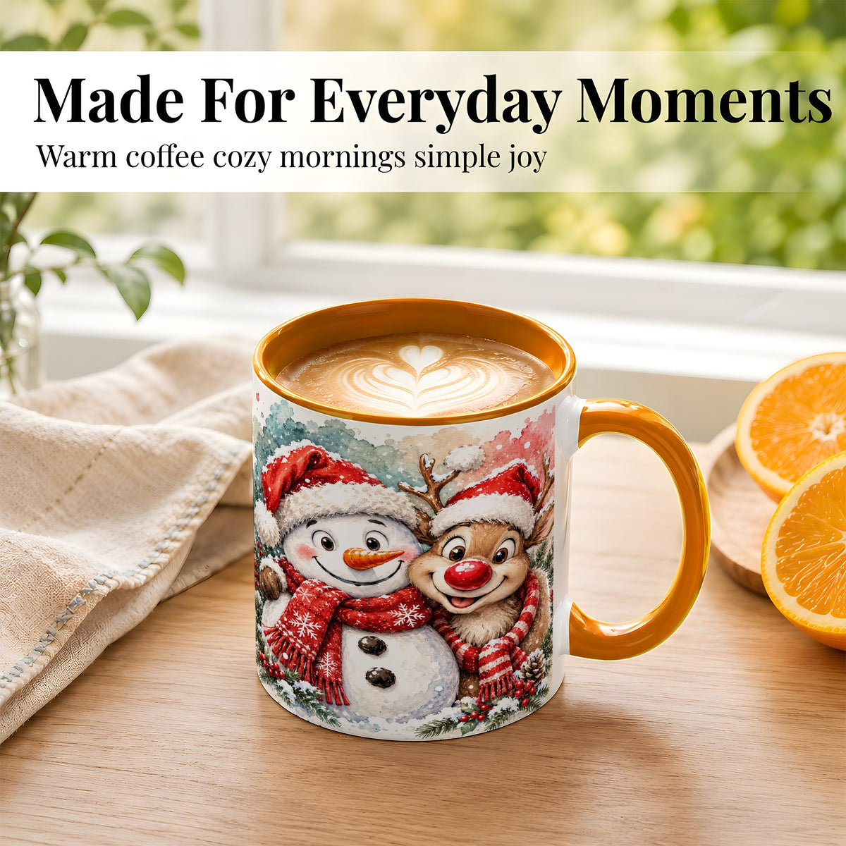 #pl[11oz|Orange] Snowman Reindeer Coffee Mug, Christmas Friends Mug, Ceramic Cup