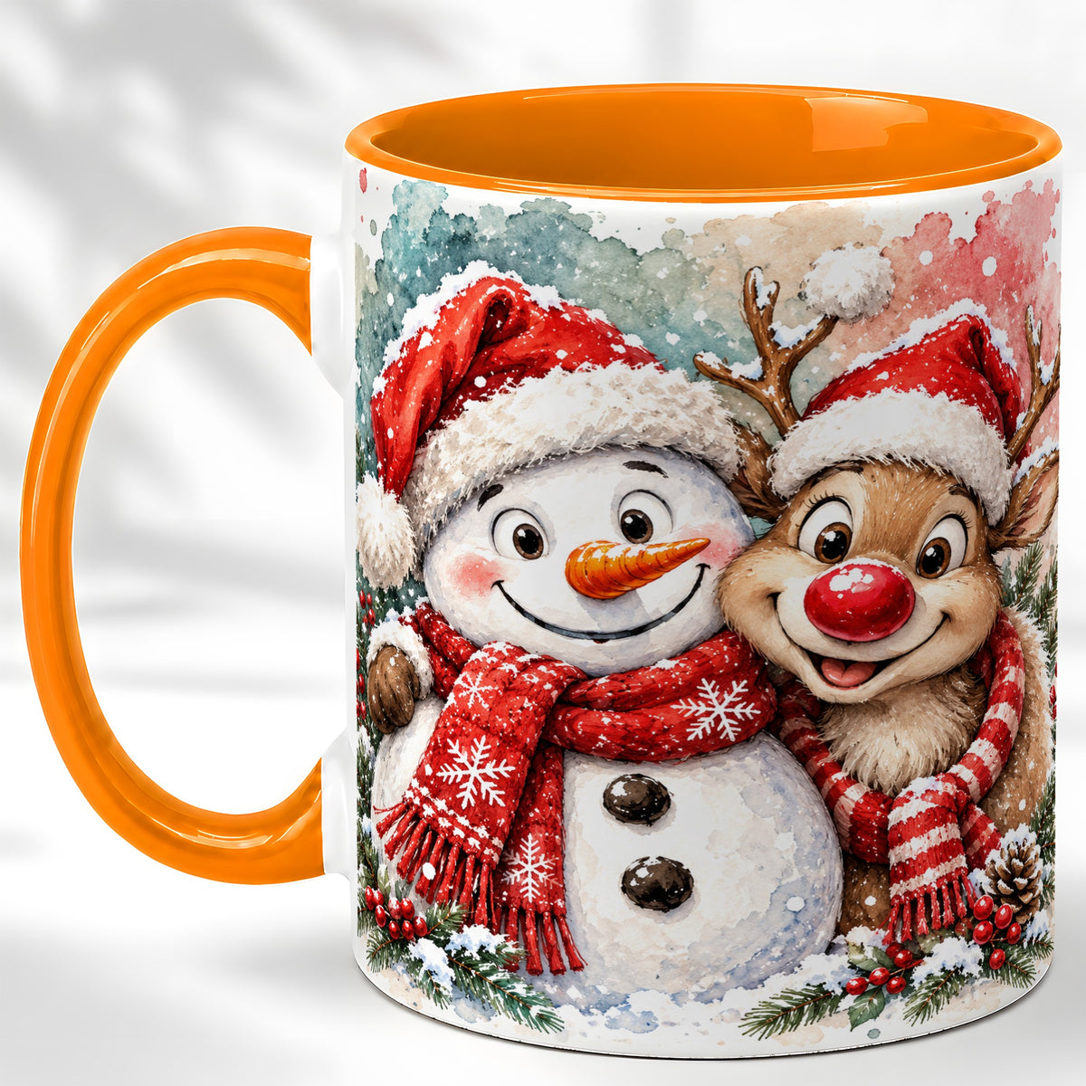 #pl[11oz|Orange] Snowman Reindeer Coffee Mug, Christmas Friends Mug, Ceramic Cup
