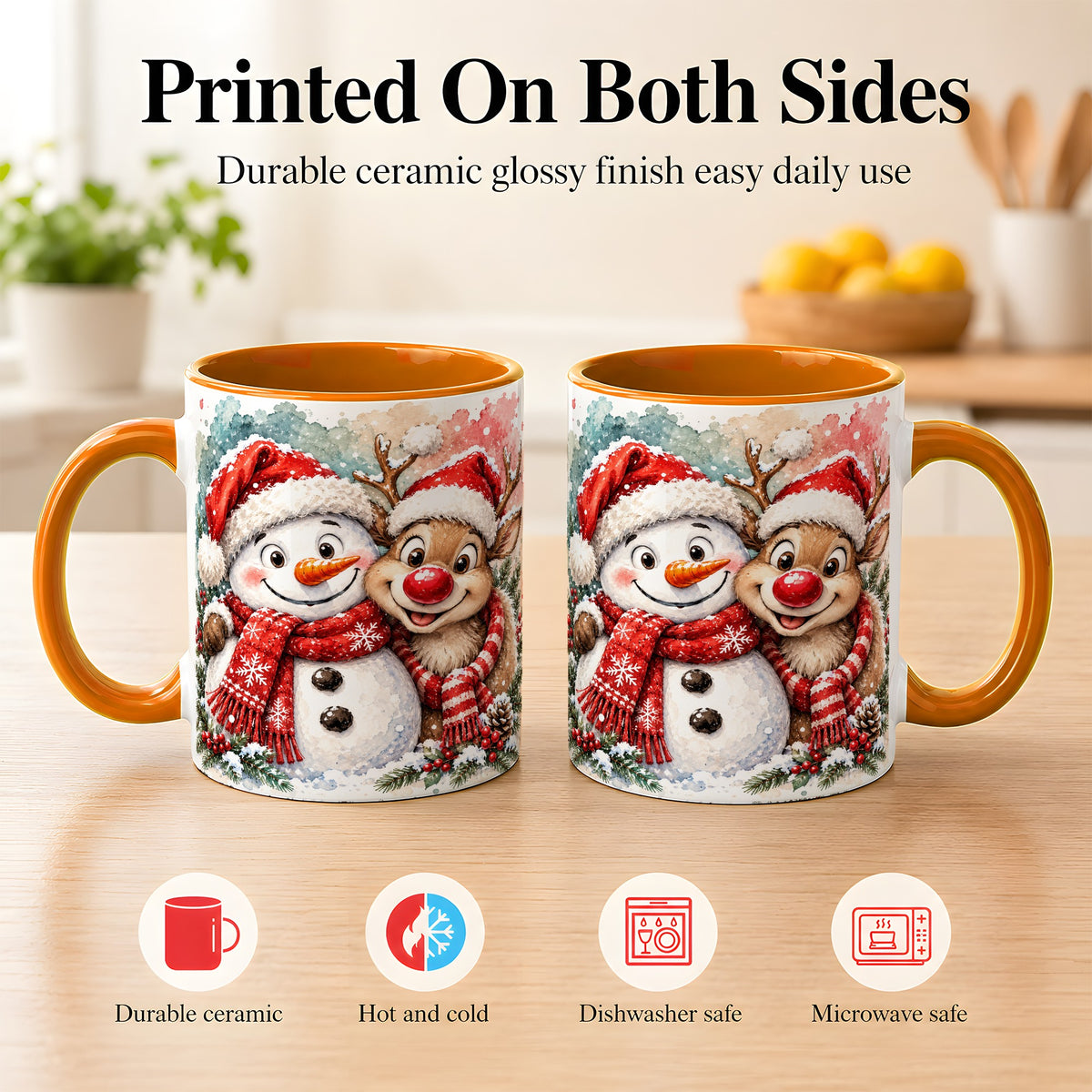 #pl[11oz|Orange] Snowman Reindeer Coffee Mug, Christmas Friends Mug, Ceramic Cup