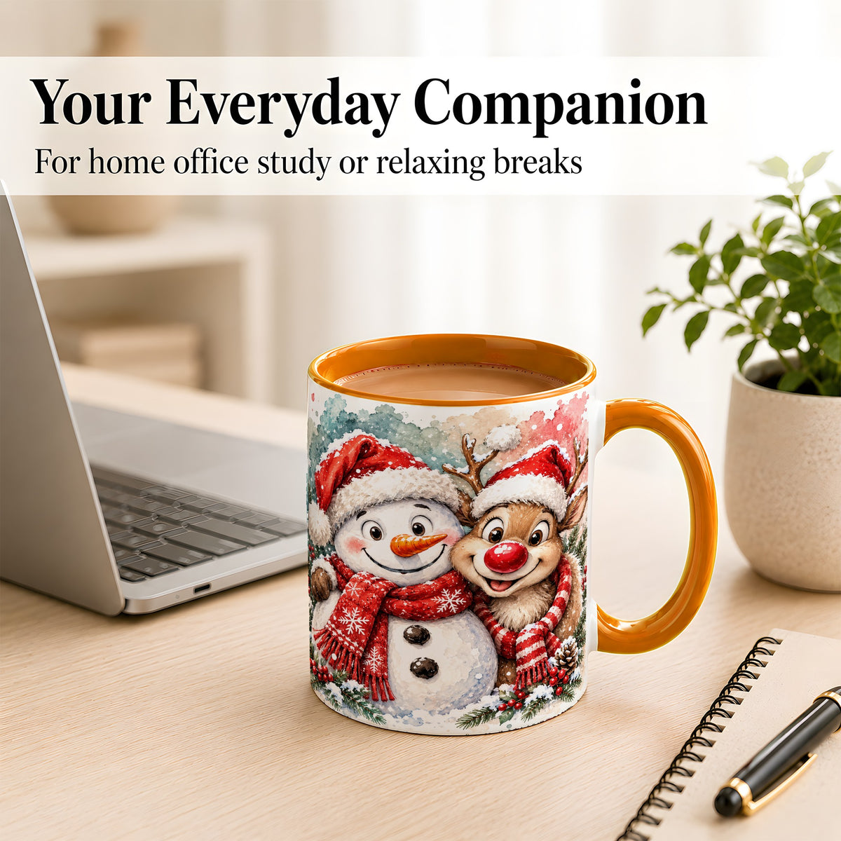 #pl[11oz|Orange] Snowman Reindeer Coffee Mug, Christmas Friends Mug, Ceramic Cup