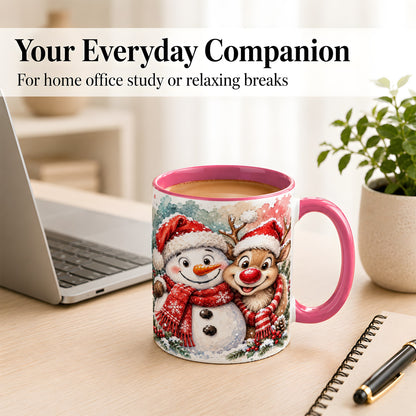 #pl[11oz|Pink] Snowman Reindeer Coffee Mug, Christmas Friends Mug, Ceramic Cup