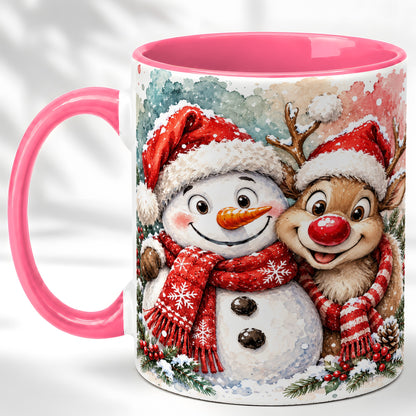 #pl[11oz|Pink] Snowman Reindeer Coffee Mug, Christmas Friends Mug, Ceramic Cup