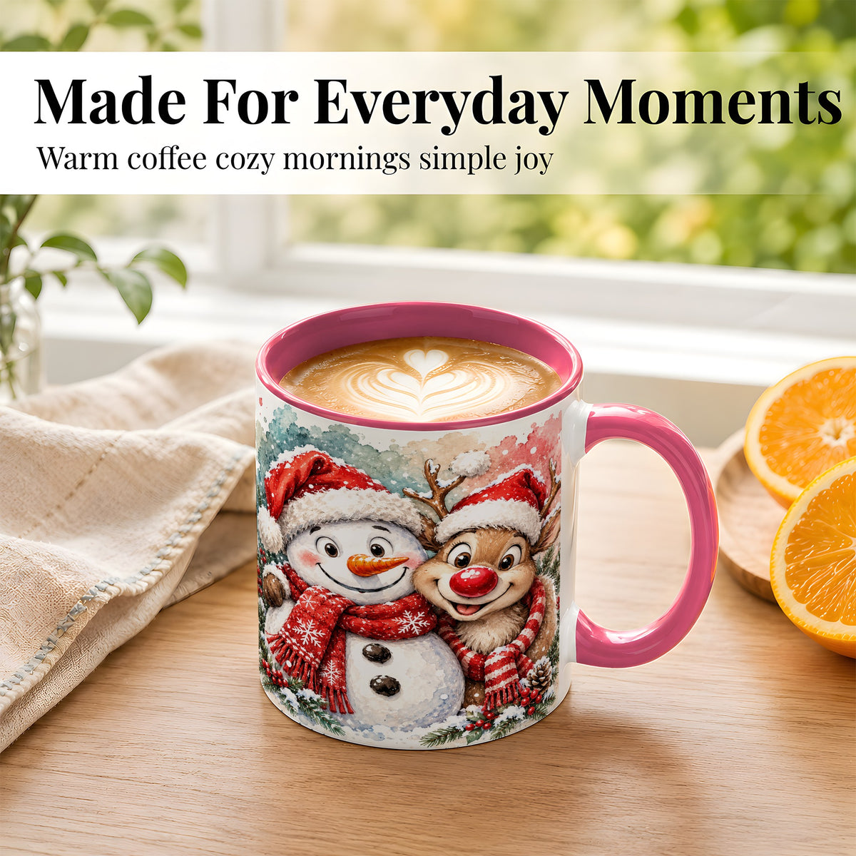 #pl[11oz|Pink] Snowman Reindeer Coffee Mug, Christmas Friends Mug, Ceramic Cup