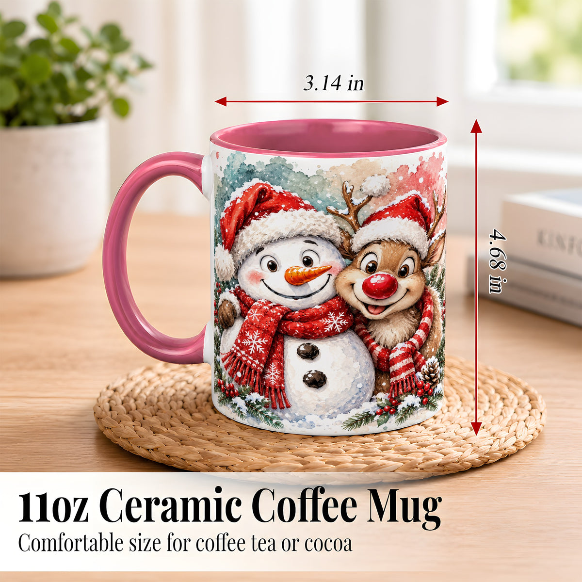 #pl[11oz|Pink] Snowman Reindeer Coffee Mug, Christmas Friends Mug, Ceramic Cup
